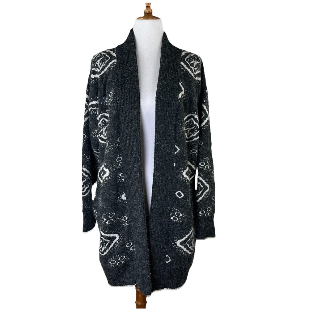 Garland‎ Vintage Gray Geometric Open Front Longline Cardigan Sweater Womens L/XL